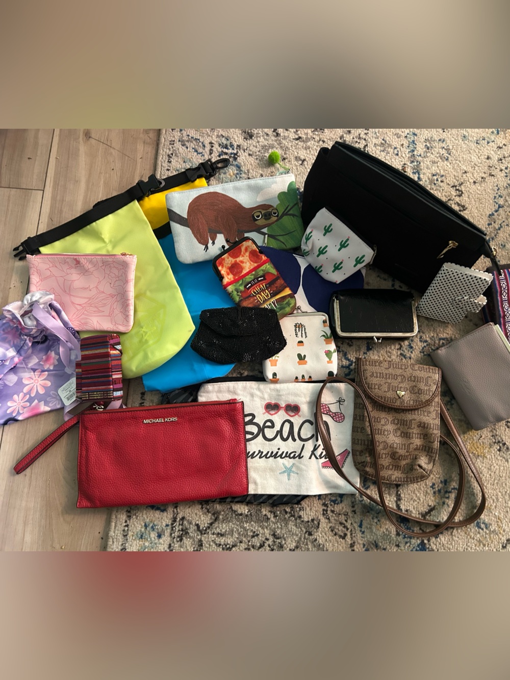 Travel wristlet lot with many different pouches, wallets & dry bags